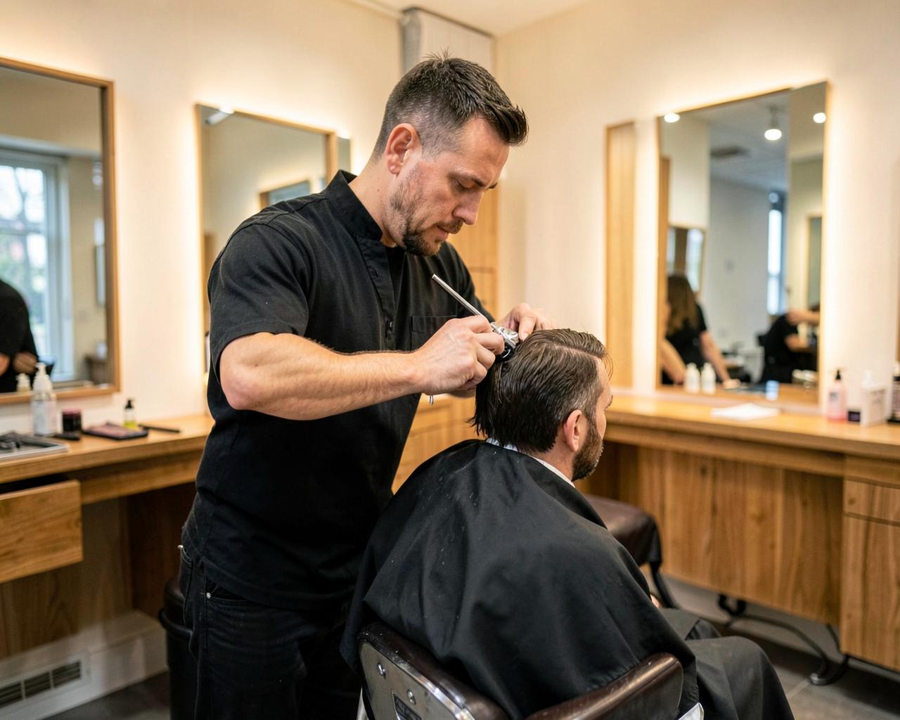Barber cutting a client's hair in a modern Australian barber shop